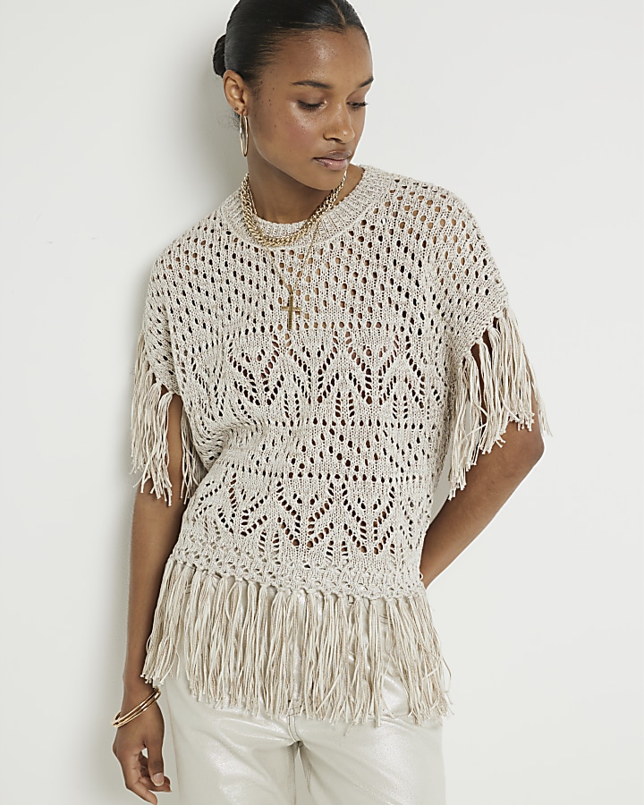 Cream Crochet Fringe Hem Top River Island