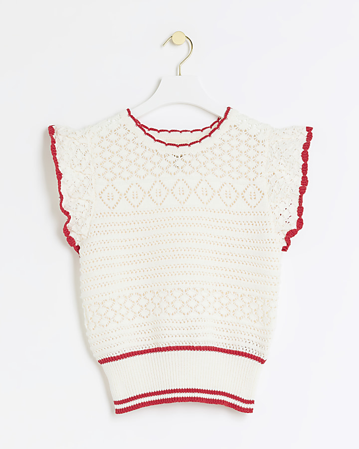 Cream frill sleeve knit top
