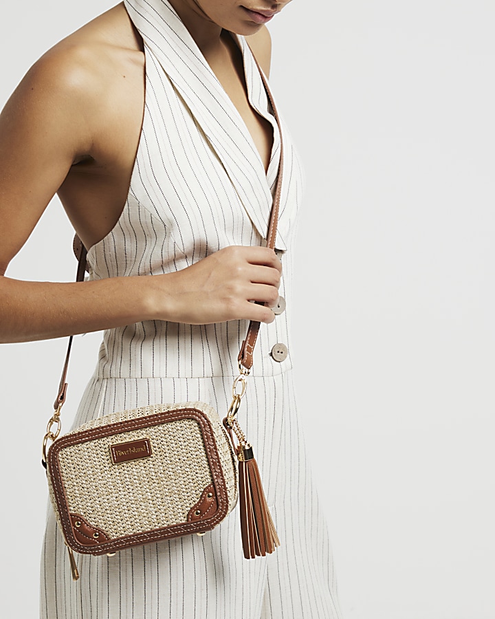 Beige raffia oval boxy cross body handbag | River Island