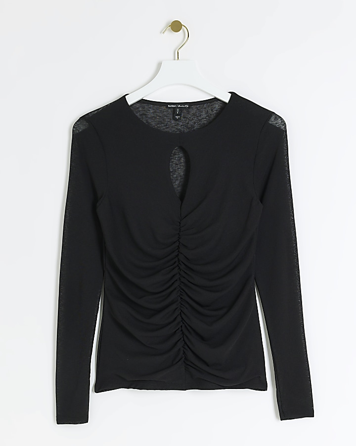 Black ruched cut out long sleeve top