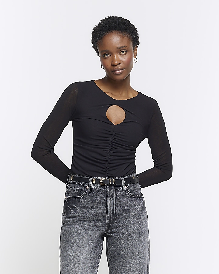 Black ruched cut out long sleeve top