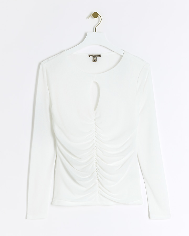 White ruched cut out long sleeve top