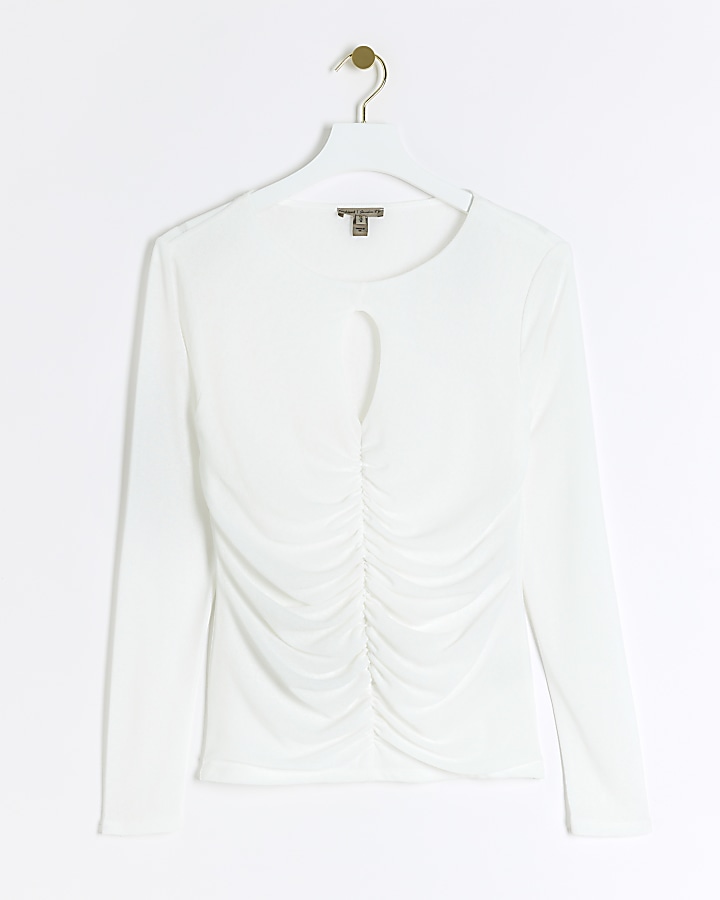 White ruched cut out long sleeve top River Island