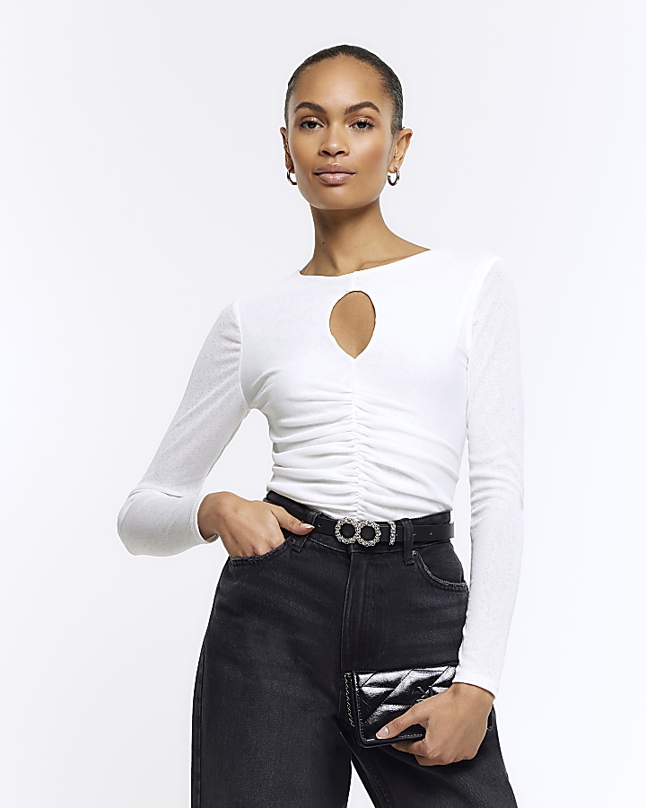 White ruched cut out long sleeve top