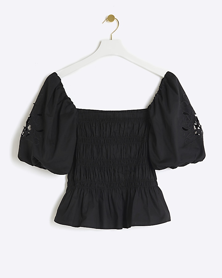 Black shirred puff sleeve blouse
