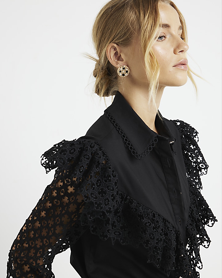 Black lace frill long sleeve blouse