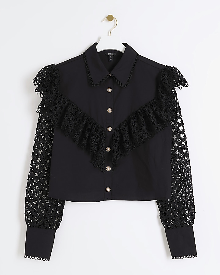 Black lace frill long sleeve blouse