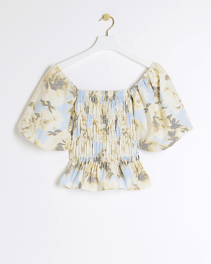 Yellow floral shirred top