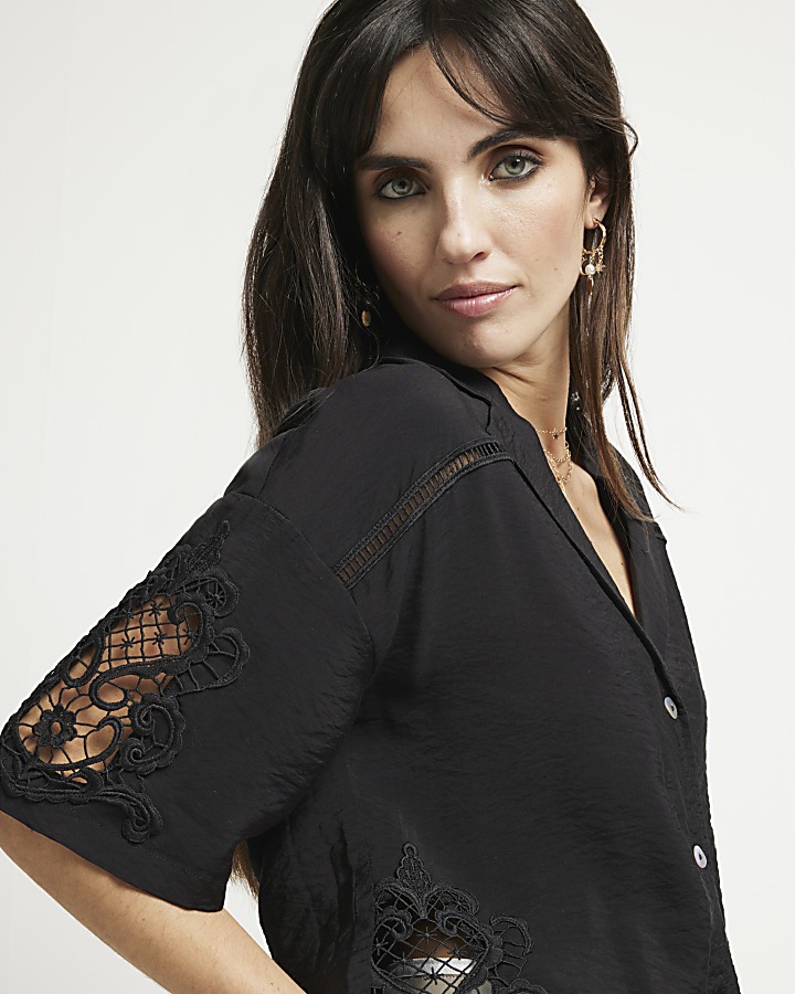 Black lace button up shirt River Island