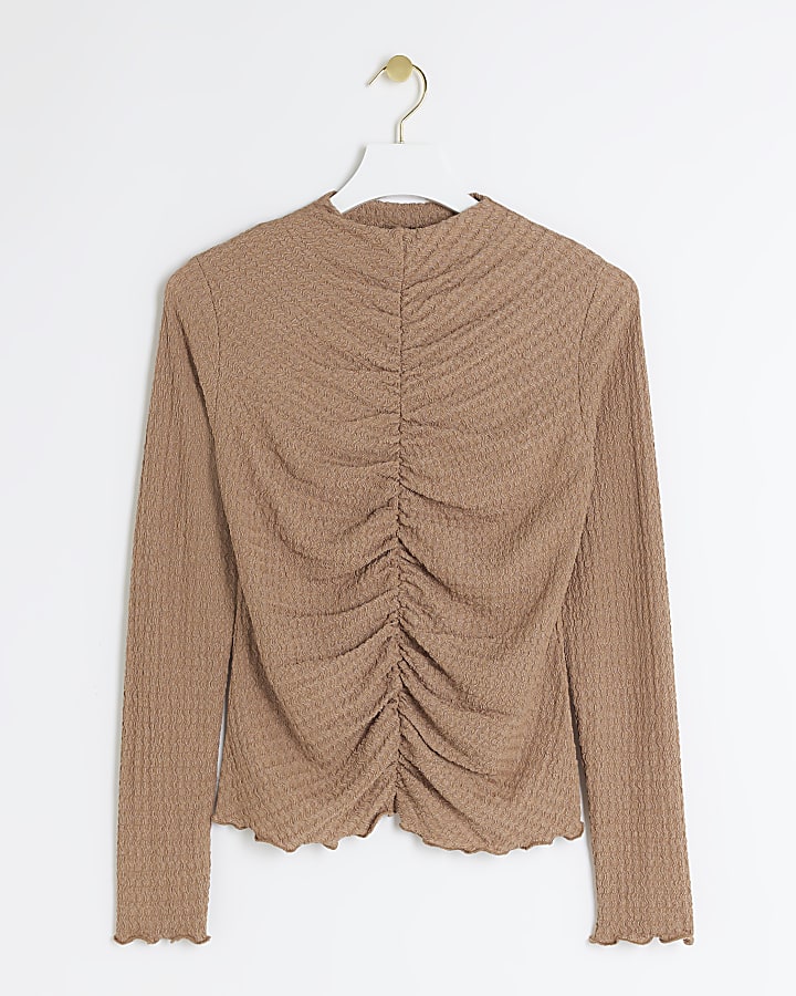 Brown textured ruched long sleeves top