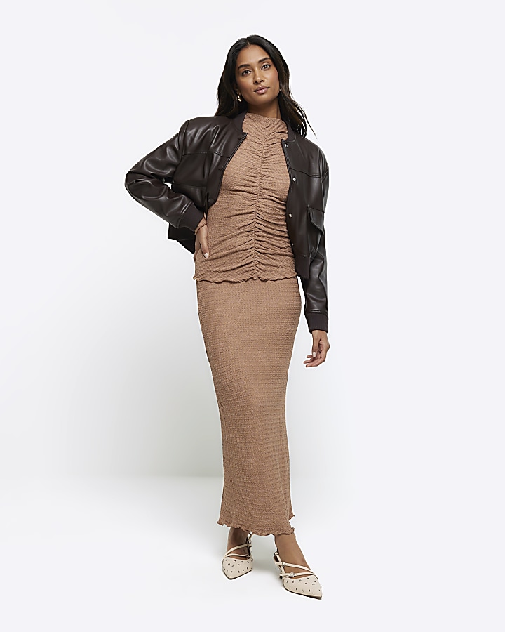 Brown textured ruched long sleeves top