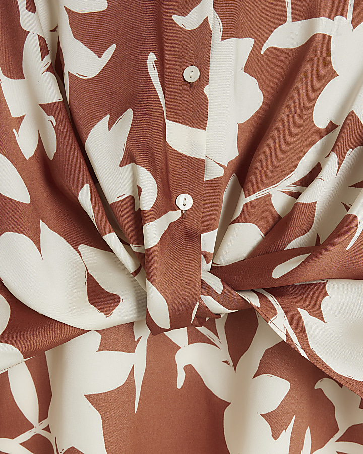 Brown floral wrap shirt
