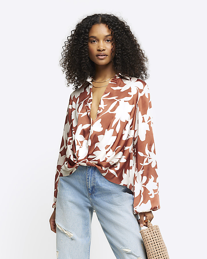 Brown floral wrap shirt