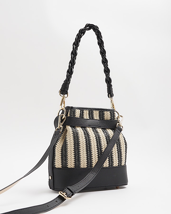 Black stripe Raffia Weave Bucket Bag