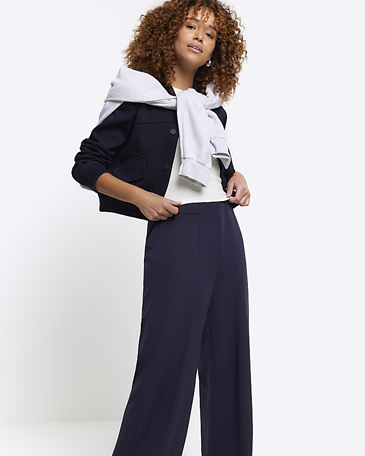 Navy Stitched Wide Leg Trousers