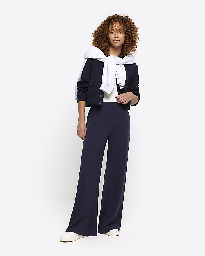 Navy Blue Wide-Leg Pants - High-Waisted Pants - Wide-Leg Trousers