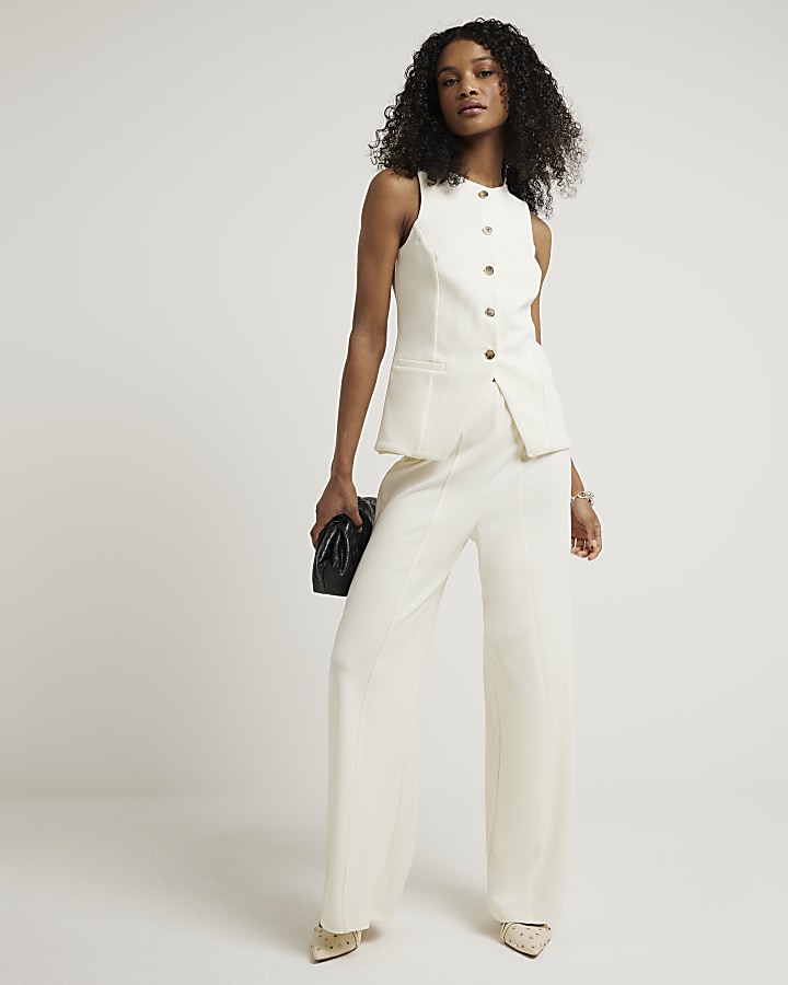 Cream stitched wide leg trousers