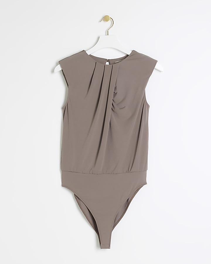 Petite brown ruched bodysuit