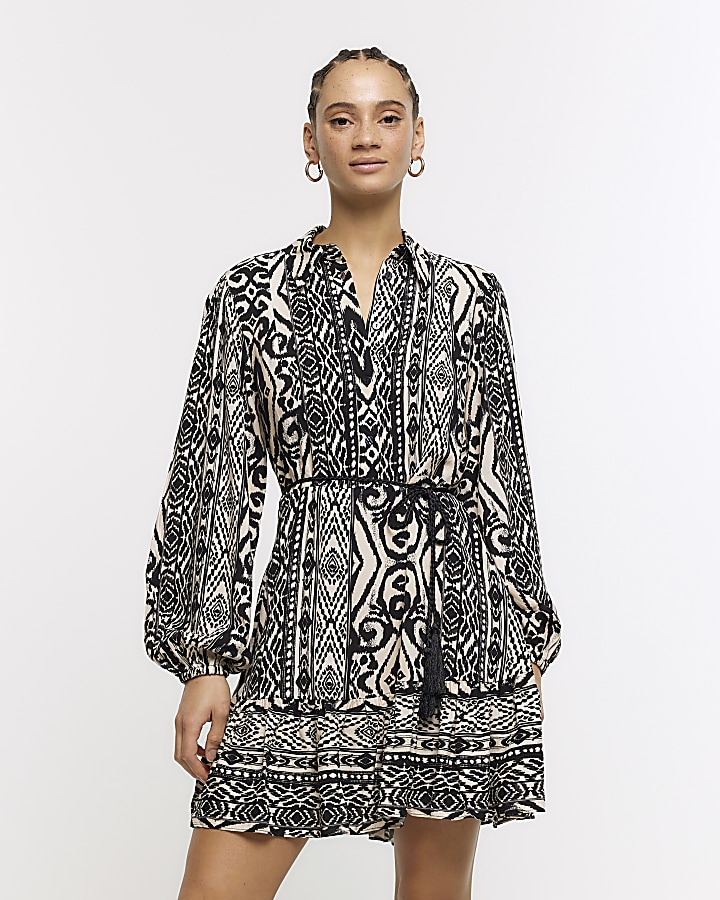 Black Aztec belted mini shirt dress | River Island