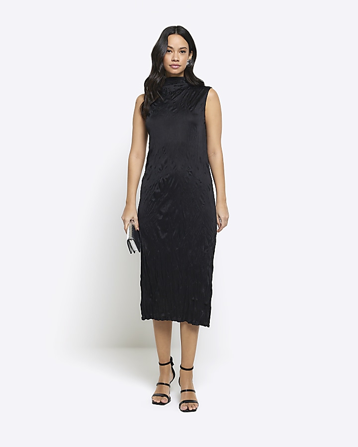 Women Navy High Neck Bodycon Midi Dress