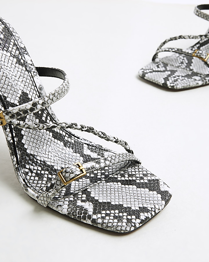 Grey animal print strappy heeled sandals