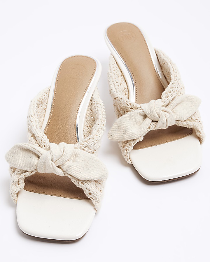 Beige crochet knot heeled mule sandals