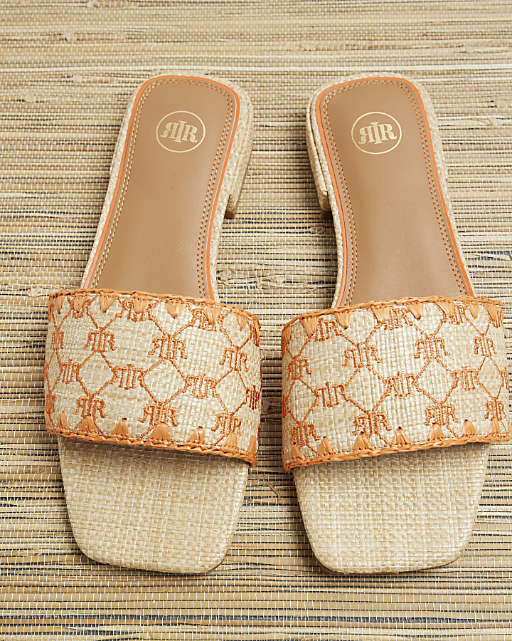 Orange Raffia Embroidered Mule Sandals