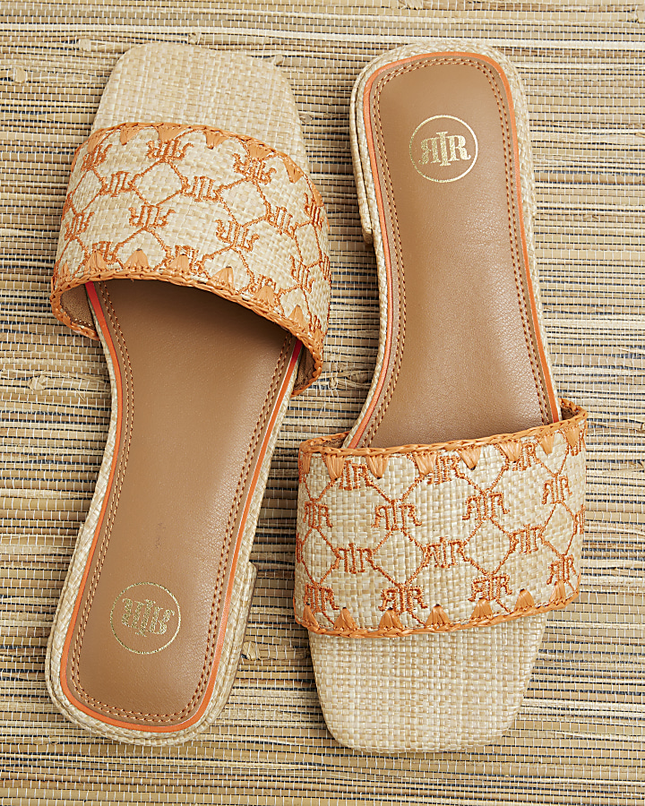 Orange Raffia Embroidered Mule Sandals