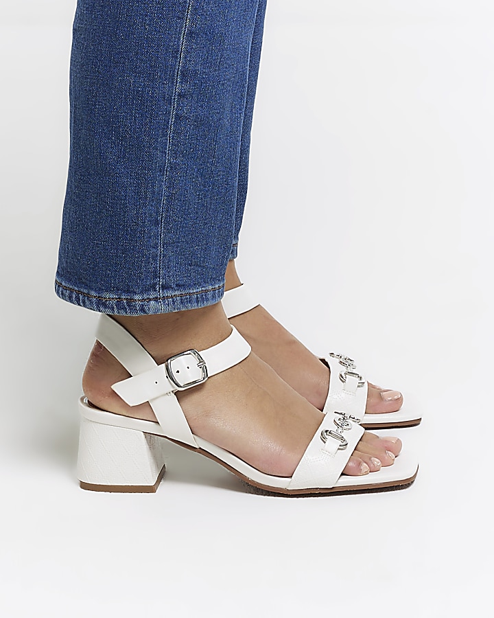 White wide fit chain block heeled sandals
