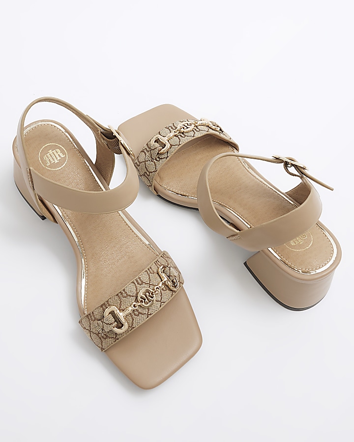 Beige wide fit chain block heeled sandals