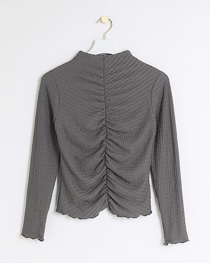 Petite grey ruched long sleeve top