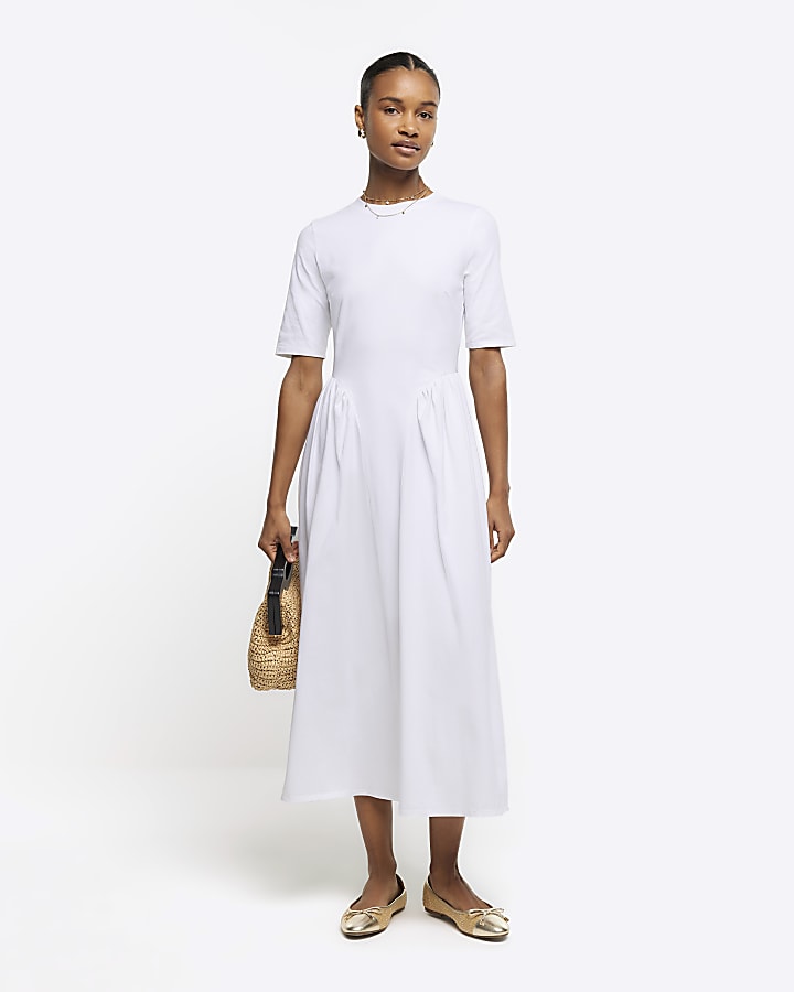 White godet detail t-shirt midi dress | River Island