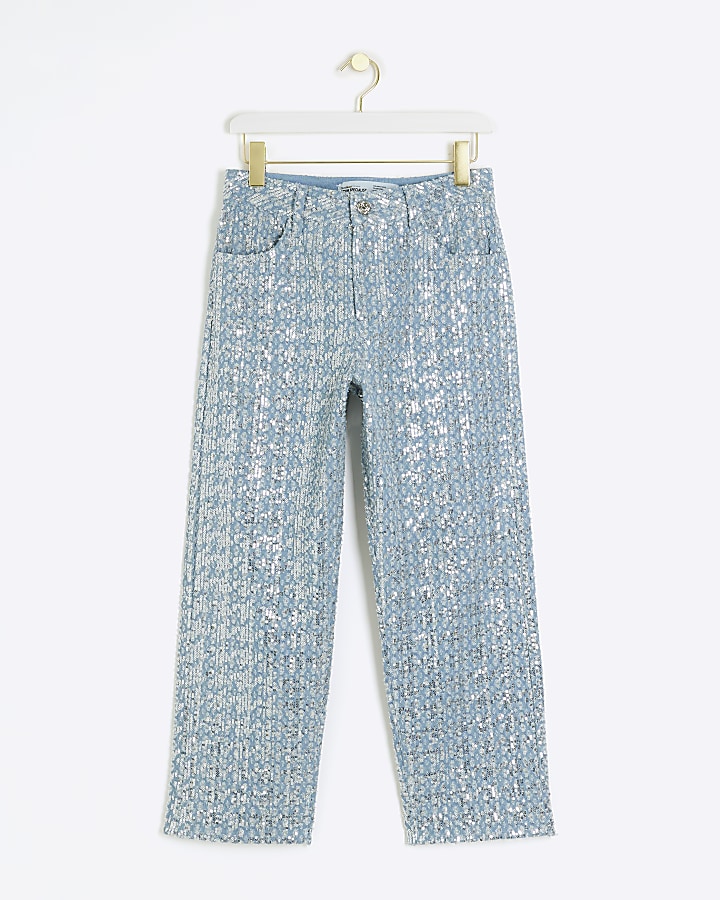 Blue sequin detail crop stove straight jeans