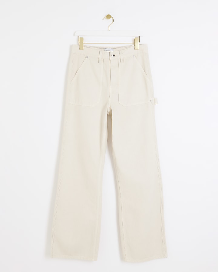 Beige high waisted relaxed straight jeans