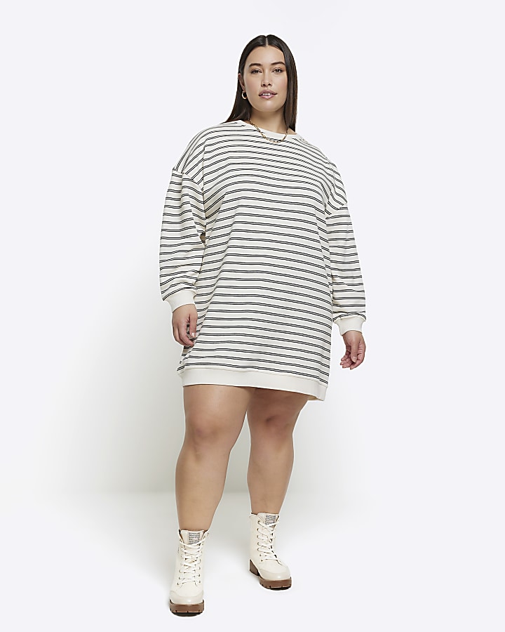Plus cream stripe sweatshirt mini dress