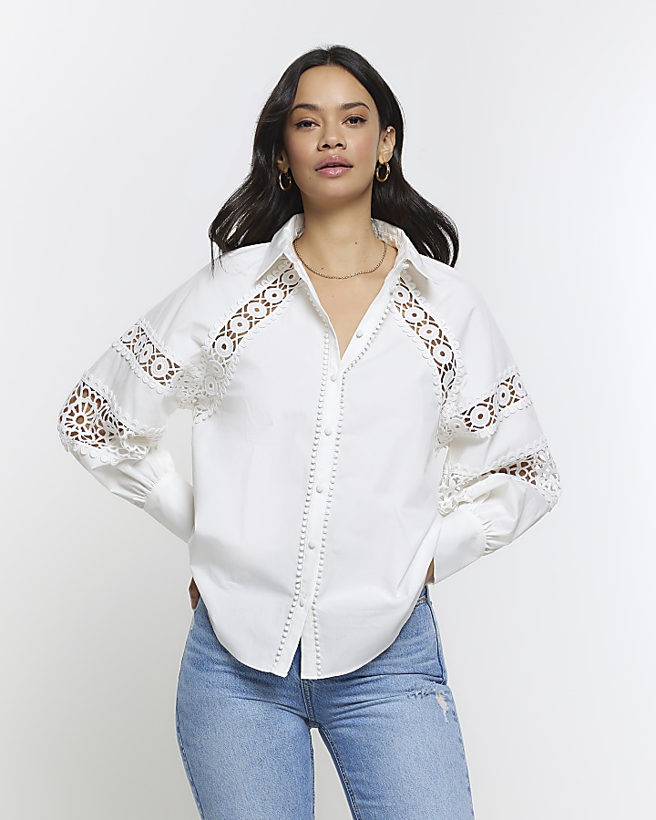 White Crochet Panel Oversized Shirt
