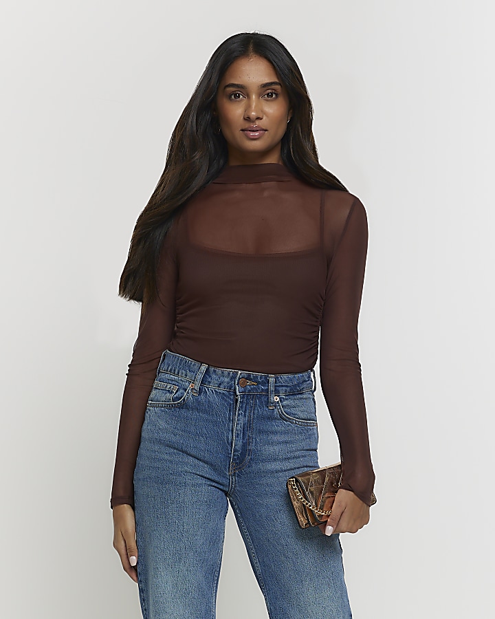 Brown mesh ruched long sleeve top