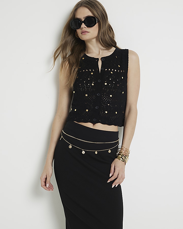 Black crochet embellished waistcoat