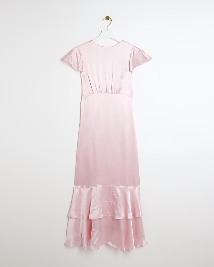 Pink satin tiered swing midi dress