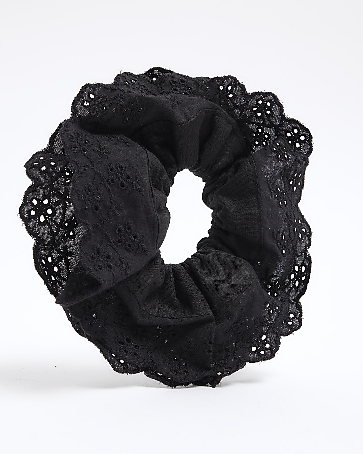 Black Embroidered Hair Scrunchie
