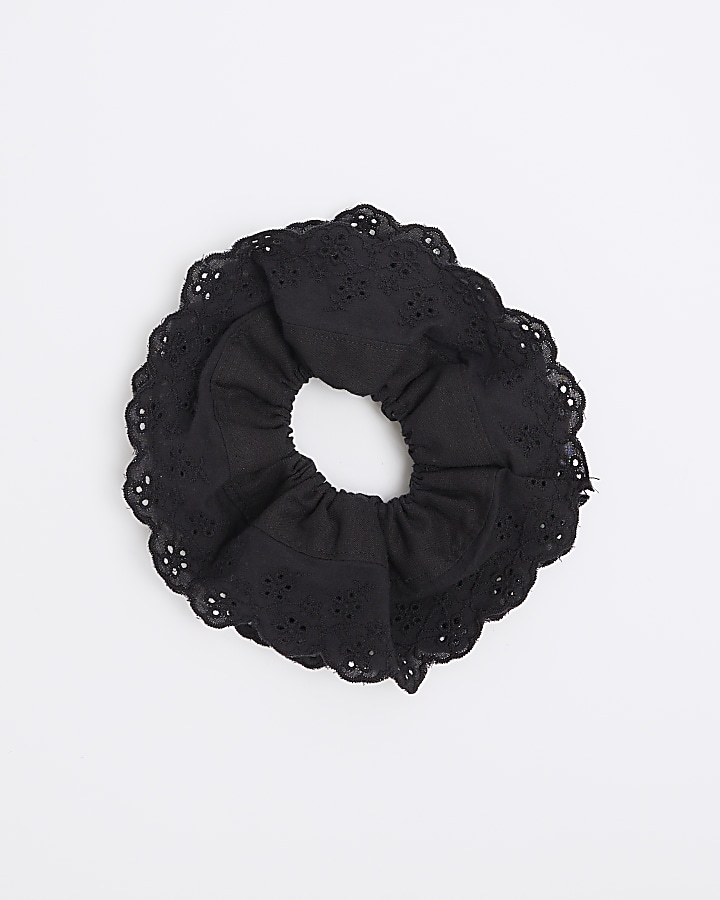 Black Embroidered Hair Scrunchie
