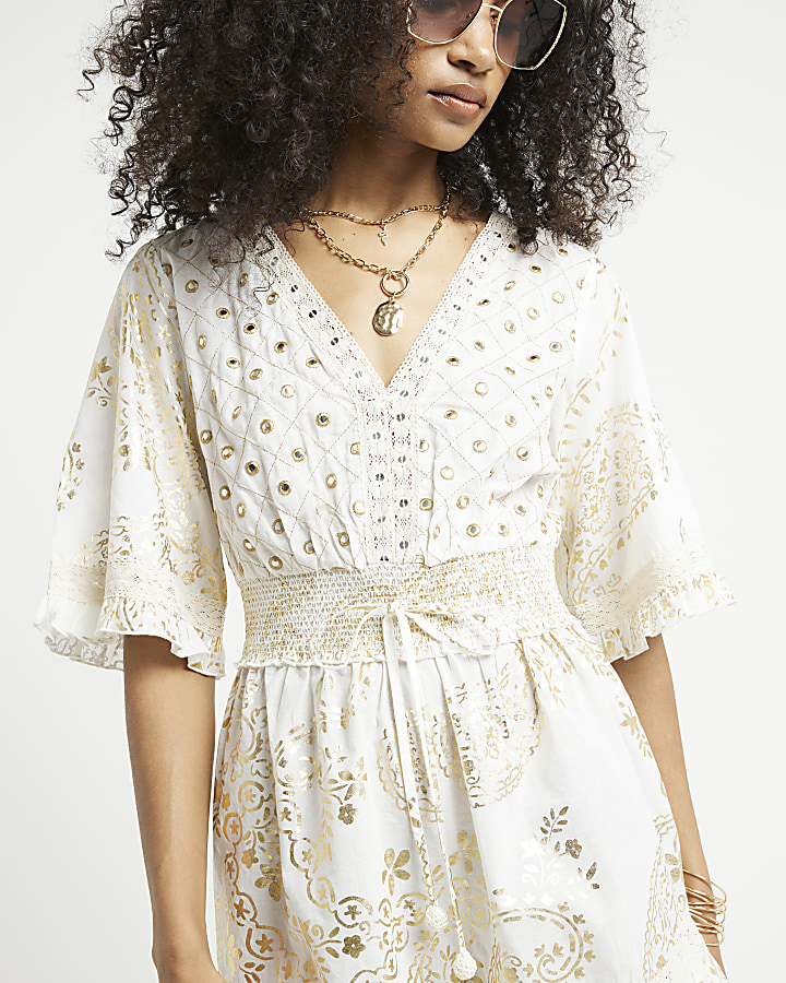 Cream paisley embellished playsuit