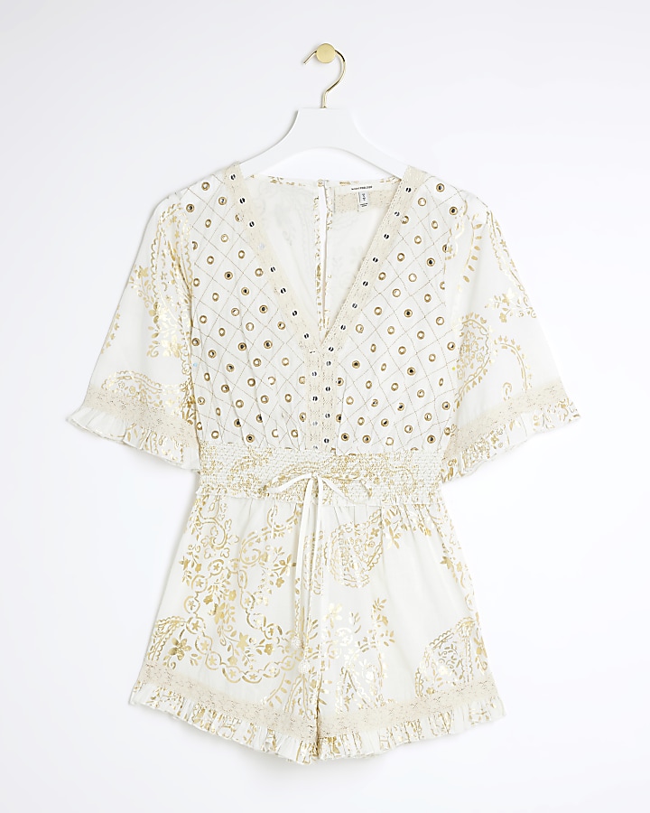 Cream paisley embellished playsuit River Island