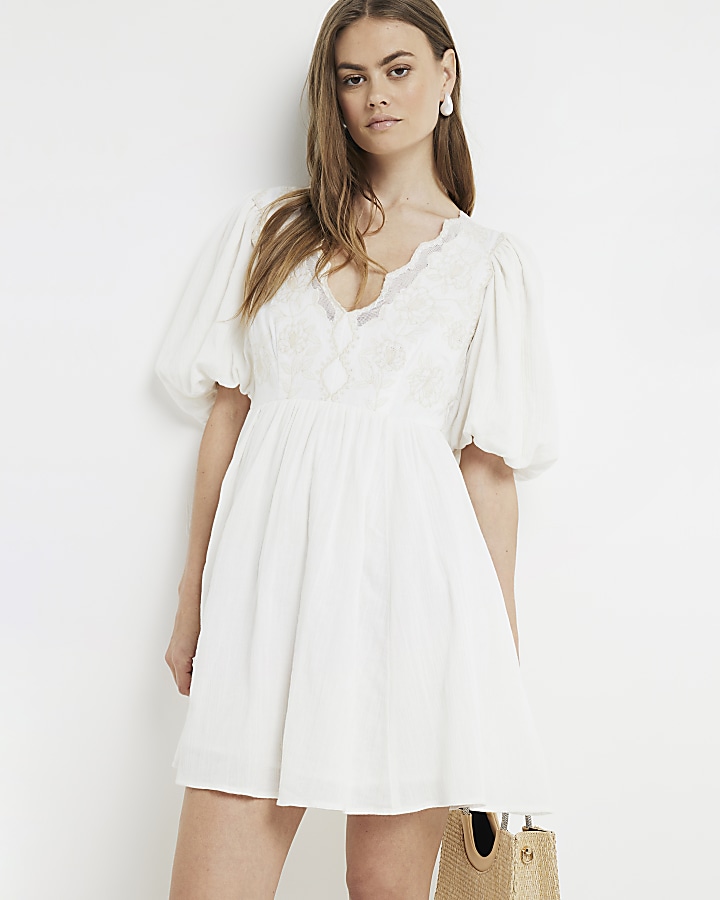 Cream embroidered smock mini dress