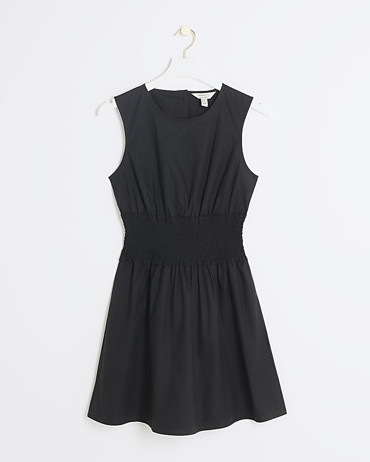 Black shirred waist skater mini dress