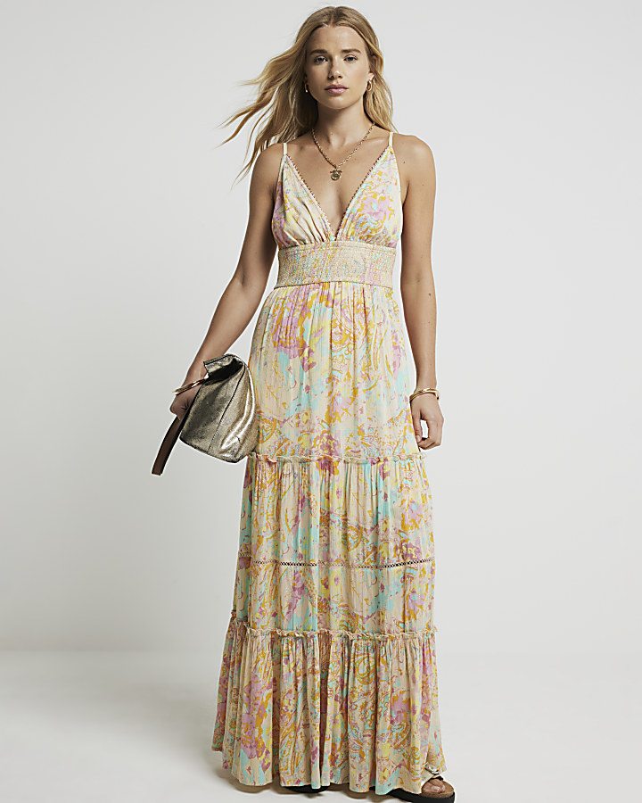 Pink paisley plunge beach maxi dress