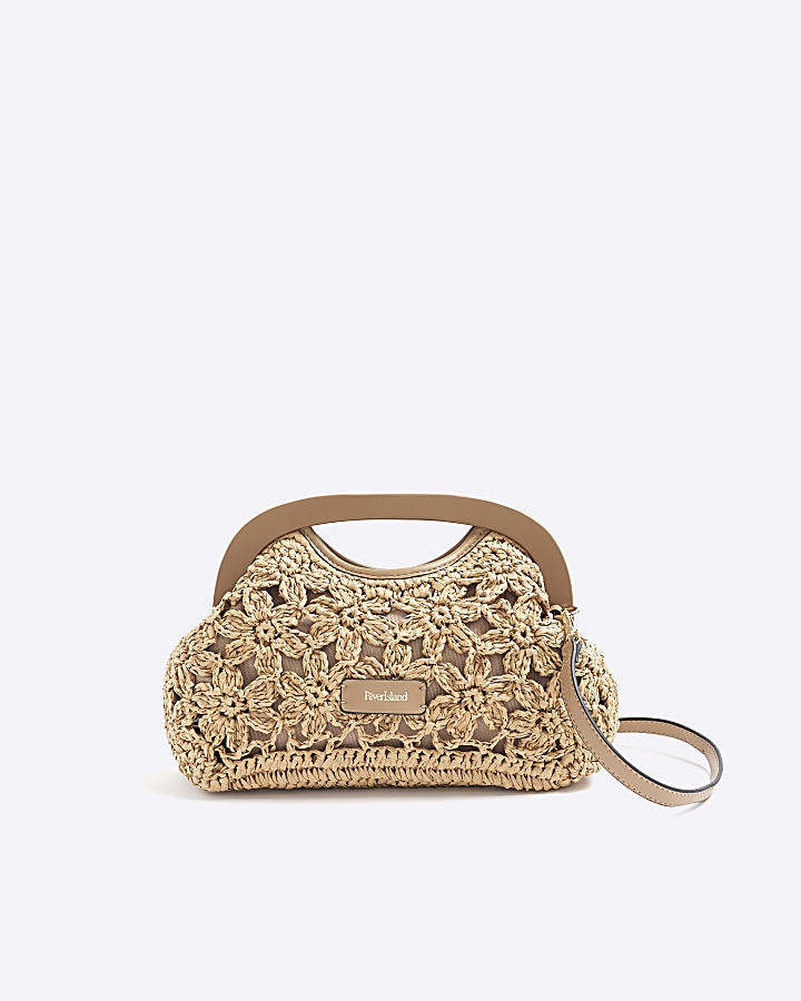 Beige raffia flower clutch bag River Island