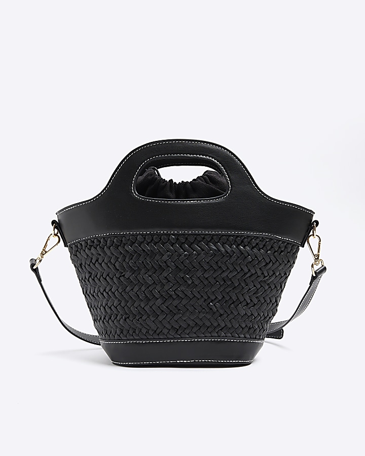 Black weave embellished bucket cross body bag