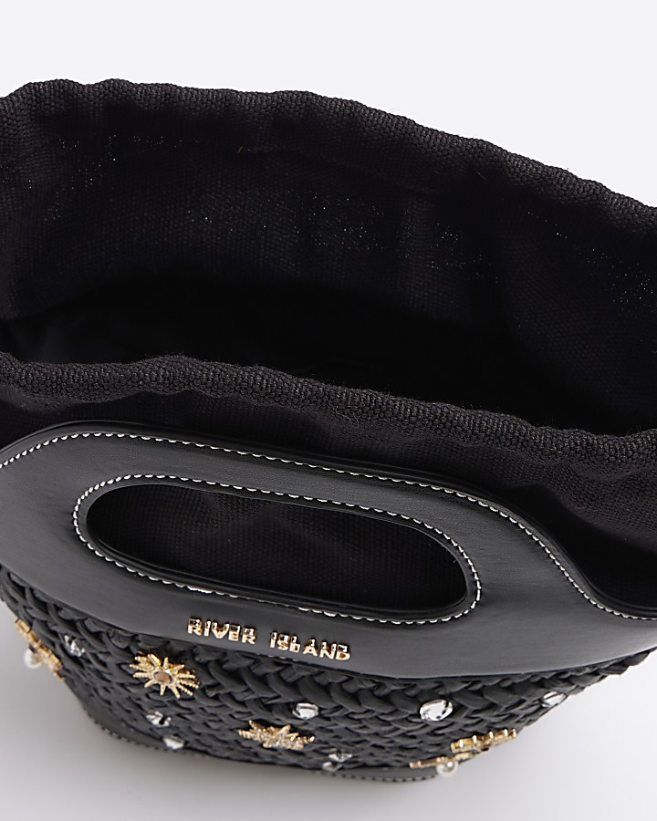 Black weave embellished bucket cross body bag