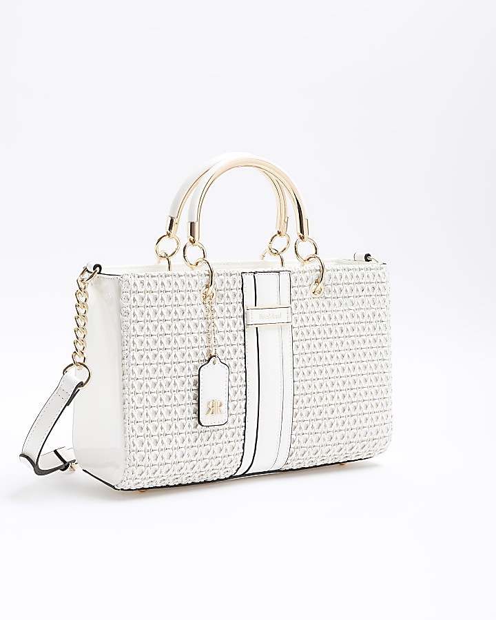 White panelled weave tote bag